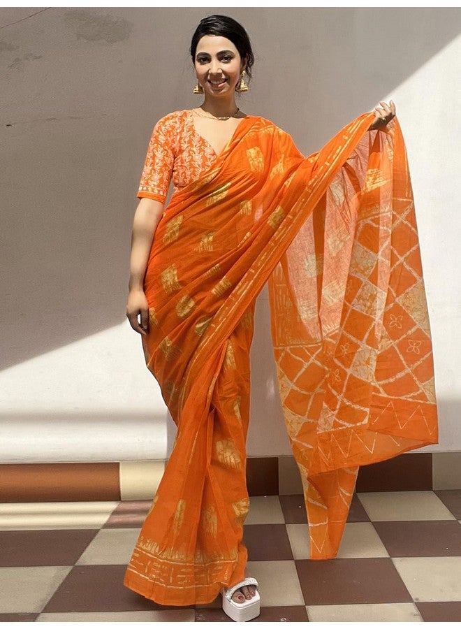 saree mall ساري مول ساري نسائي برتقالي من القطن بتصميم تجريدي جاهز للارتداء ساري دقيقة واحدة مع قطعة بلوزة غير مخيطة (RTWMINAXI5501_SMC) - Image 2