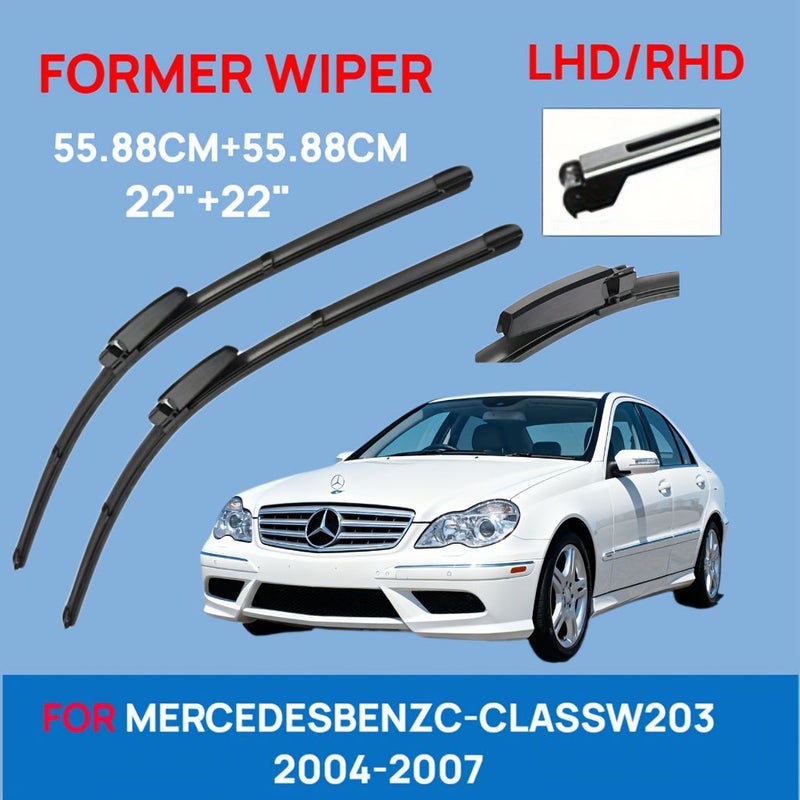 زوج من شفرات المساحات المتوافقة عالية الجودة مقاس 22 بوصة و22 بوصة لسيارة مرسيدس C-Class W203 موديل 2004-2007 (مقود يمين) قوية وموثوقة توفر وضوحًا طوال العام، متاحة للجهة اليسرى واليمنى. - Image 1