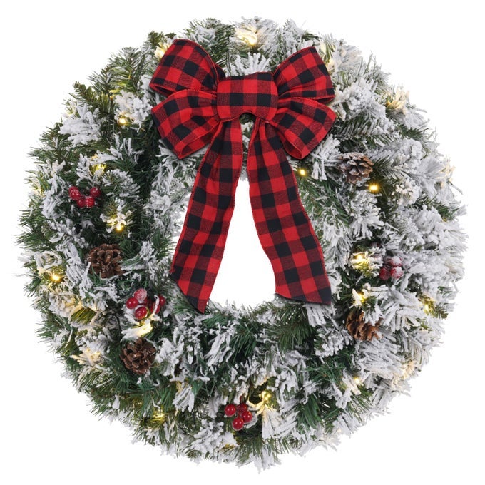 Christmas Wreaths for Front Door 24 Inch 2 FT Prelit Snowy Flocked Christmas Wreath with Timer 30 LED Lights Bow Red Berries Pine Cone Xmas Wall Windows Decorations Home Decor Outdoor Indoor