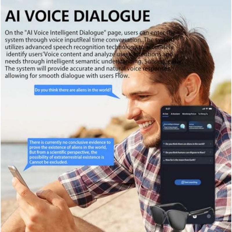 نظارات Skido AI اللاسلكية بلوتوث الذكية مع دعم الترجمة الصوتية التلقائية في الوقت المناسب 75 لغة بلوتوث 5.4 للسفر واجتماعات العمل والتسجيل والمكالمات بدون استخدام اليدين باللون الأسود - Image 2