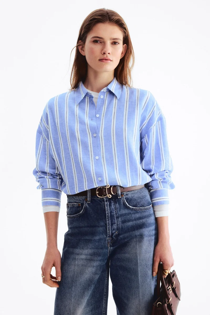 اتش اند ام قميص من مزيج الكتان بقصّة فضفاضة