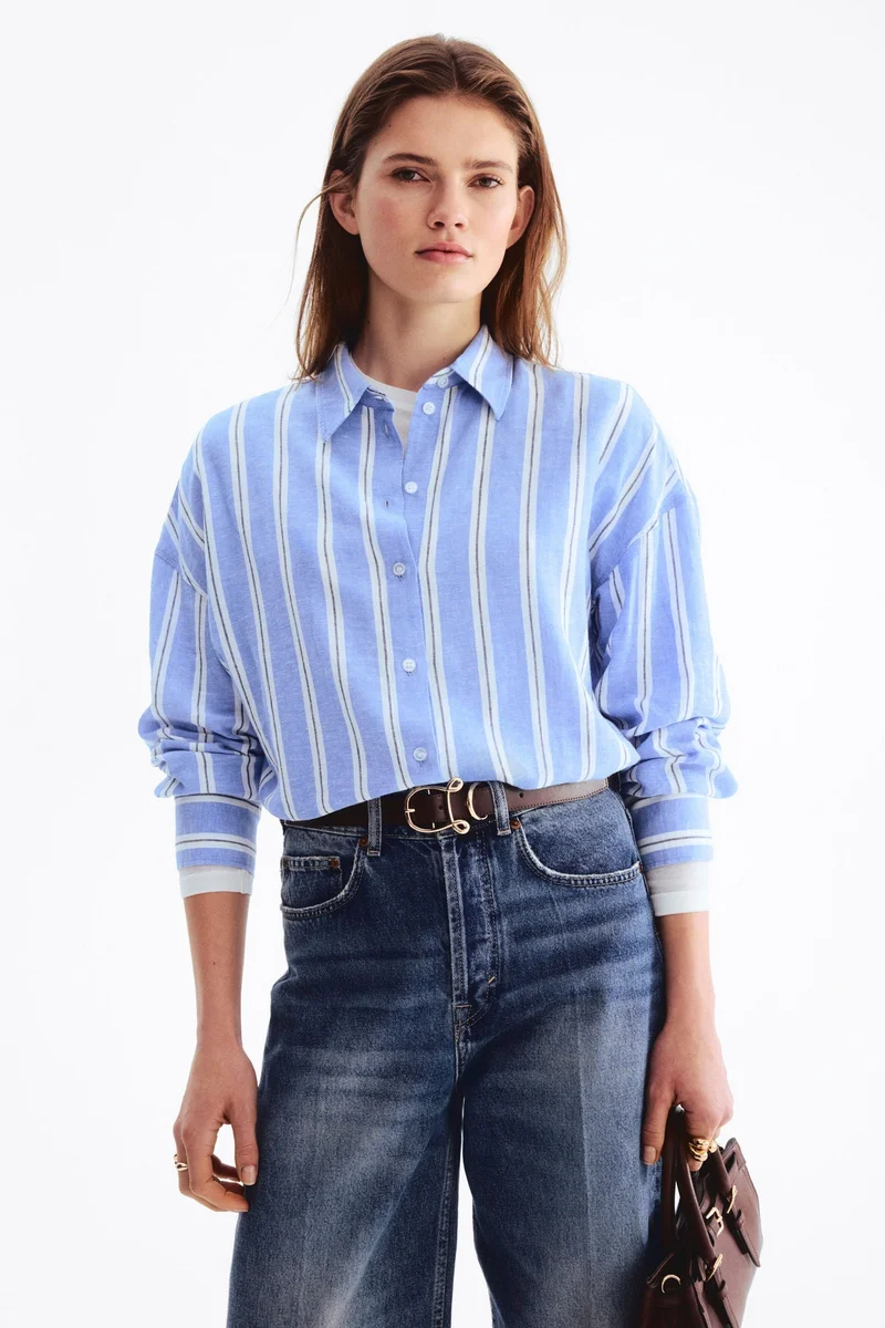 اتش اند ام قميص من مزيج الكتان بقصّة فضفاضة