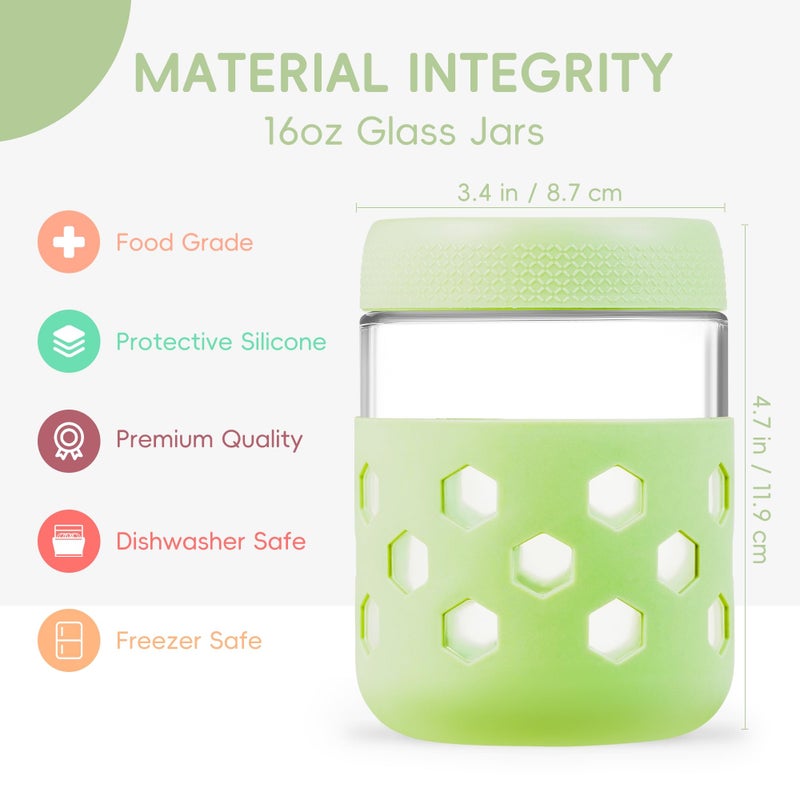 Gemice 6-Pack 16 oz Overnight Oats Containers with Lids and Silicone Sleeves, Glass Mason Jars with Airtight Lid, Dishwasher Safe, Wide Mouth Chia Seed Pudding Meal Prep Jar for Yogurt Berries Snack - Image 3