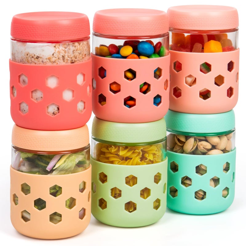 Gemice 6-Pack 16 oz Overnight Oats Containers with Lids and Silicone Sleeves, Glass Mason Jars with Airtight Lid, Dishwasher Safe, Wide Mouth Chia Seed Pudding Meal Prep Jar for Yogurt Berries Snack - Image 1