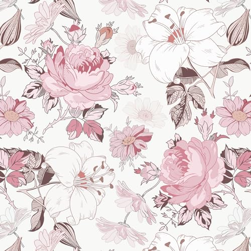 Hopepak Floral Peel and Stick Wallpaper Modern Pink Wall Paper Self Adhesive Removable Contact Paper for Girls Bedroom Cabinets Bathroom Nursery Home Decoration 16.1'' x 118'' - Image 1