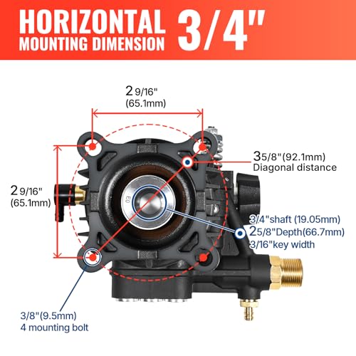 YAMATIC مضخة غسالة ضغط ياماتيك 3/4" عمود مضخة غسالة كهربائية أفقية بحد أقصى 3200 PSI 2.5 GPM مضخة بديلة متوافقة مع سيمبسون 90028، 90029، MSH3125، 520006، هوندا GC190 GC160، AR rmv 2.5g30 - Image 4