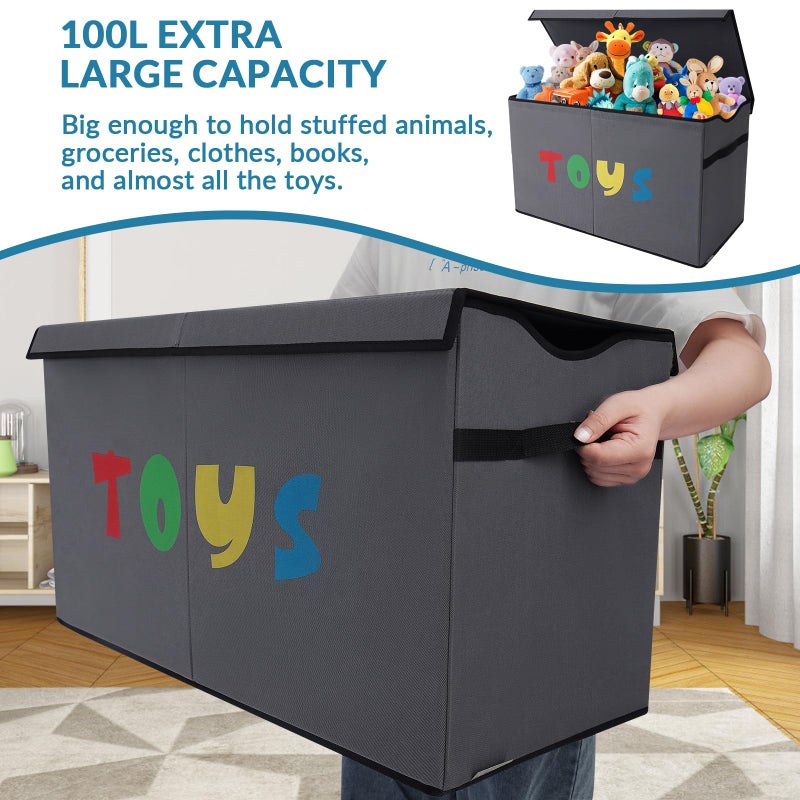 YOLOXO Toy Box Chest, Collapsible Sturdy Storage Bins with Lids, Extra Large Kids Toy Storage Organizer Boxes Bins Baskets for Kids, Boys, Girls, Nursery Room, Playroom, Closet (A-TBX-GRAY-MULTI) - Image 2