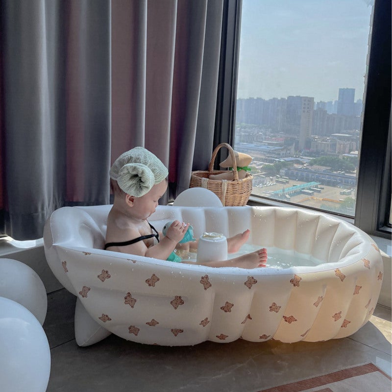 Inflatable Baby Bathtub: 0.3mm Thickened PVC, Cartoon Bear Pattern, Built-in Air Pump - Bionic Support Design, Compact Folding Toddler Tub for Newborns, Travel, Home Beach Camping Use - Image 3