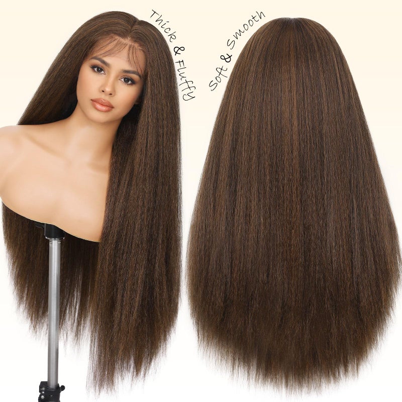 WIGNEE Full Lace Kinky Straight Wig 30 Inch Synthetic Yaki Straight Wig 180% Density Pre-Plucked Kinky Wig with Baby Hair Yaki Wigs For Black Women Daily Use(Brown) - Image 2
