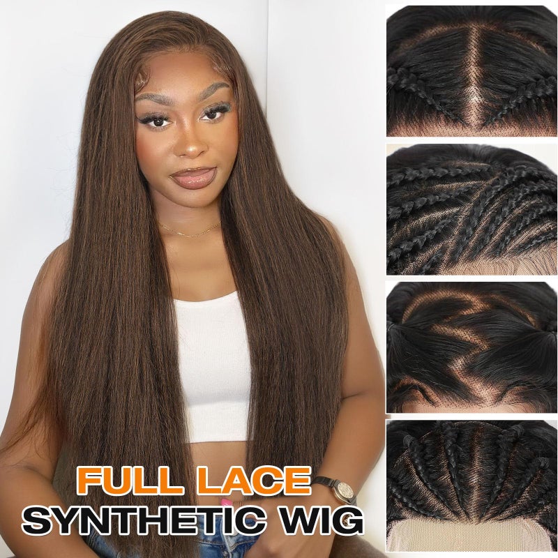 WIGNEE Full Lace Kinky Straight Wig 30 Inch Synthetic Yaki Straight Wig 180% Density Pre-Plucked Kinky Wig with Baby Hair Yaki Wigs For Black Women Daily Use(Brown) - Image 3