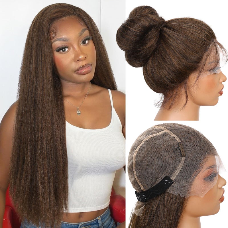 WIGNEE Full Lace Kinky Straight Wig 30 Inch Synthetic Yaki Straight Wig 180% Density Pre-Plucked Kinky Wig with Baby Hair Yaki Wigs For Black Women Daily Use(Brown) - Image 1