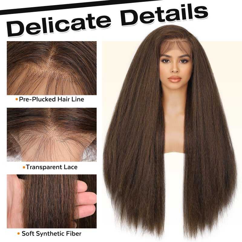 WIGNEE Full Lace Kinky Straight Wig 30 Inch Synthetic Yaki Straight Wig 180% Density Pre-Plucked Kinky Wig with Baby Hair Yaki Wigs For Black Women Daily Use(Brown) - Image 4