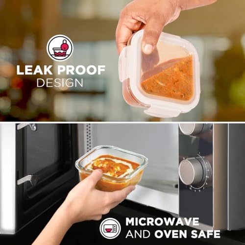 Allo Food Safe Borosilicate Glass Lunch Box, 450C Microwave Safe Lunch Box, Borosilicate Borosilicate Glass Tiffin for Office with Chevron Mint Tiffin Bag, Set of 2, 320ml x 2, Square, Transparent - Image 2