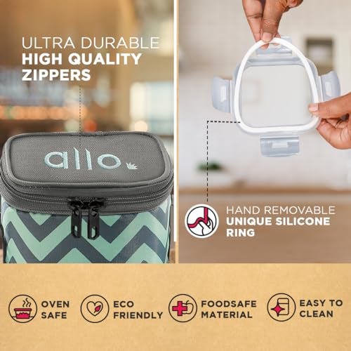 Allo Food Safe Borosilicate Glass Lunch Box, 450C Microwave Safe Lunch Box, Borosilicate Borosilicate Glass Tiffin for Office with Chevron Mint Tiffin Bag, Set of 2, 320ml x 2, Square, Transparent - Image 5