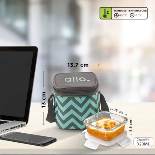 Allo Food Safe Borosilicate Glass Lunch Box, 450C Microwave Safe Lunch Box, Borosilicate Borosilicate Glass Tiffin for Office with Chevron Mint Tiffin Bag, Set of 2, 320ml x 2, Square, Transparent - Image 4