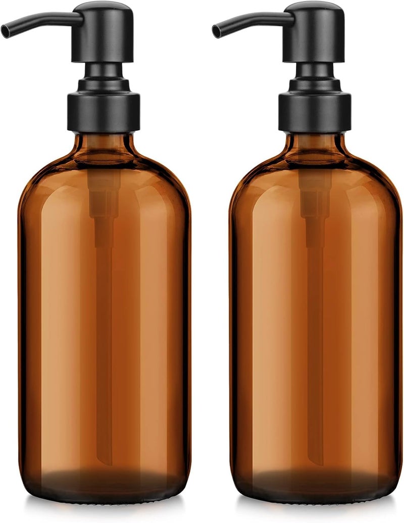 AmazerBath Amber Glass Soap Dispenser 2 Pack Soap Dispenser Set with Stainless Steel Pump Vintage Liquid Brown Soap Dispensers Bottle 17 Oz Dish Soap and Hand Soap Dispensers for Bathroom Kitchen
