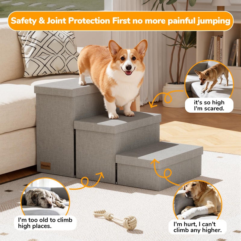 Fecuria 3-Step Wide Dog Stairs with Hidden Storage 18" H, Non-Slip Dog Steps for High Bed Couch Window Car, Jiont-Friendly Pet Stairs Ramp for Small/Medium/Large Old Dogs Cats Up to 200lbs, Grey - Image 4