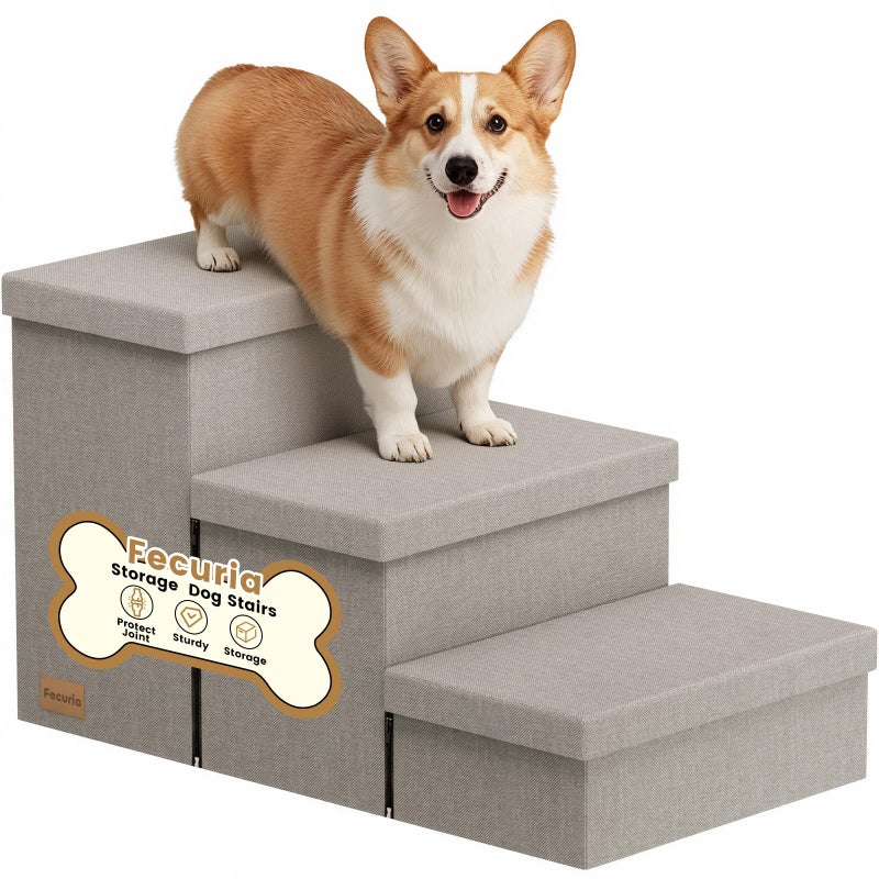 Fecuria 3-Step Wide Dog Stairs with Hidden Storage 18" H, Non-Slip Dog Steps for High Bed Couch Window Car, Jiont-Friendly Pet Stairs Ramp for Small/Medium/Large Old Dogs Cats Up to 200lbs, Grey - Image 1