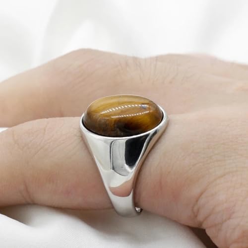LovePlus S925 Sterling Silver Black Natural Agate Stone Brown Tiger Eye Stone Men's Ring Türkiye Handmade Agate Jewelry Luxury Ring for Men and Women Simple Design 6-13 (12 brown) - Image 3