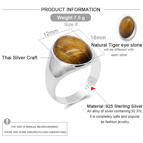 LovePlus S925 Sterling Silver Black Natural Agate Stone Brown Tiger Eye Stone Men's Ring Türkiye Handmade Agate Jewelry Luxury Ring for Men and Women Simple Design 6-13 (12 brown) - Image 5