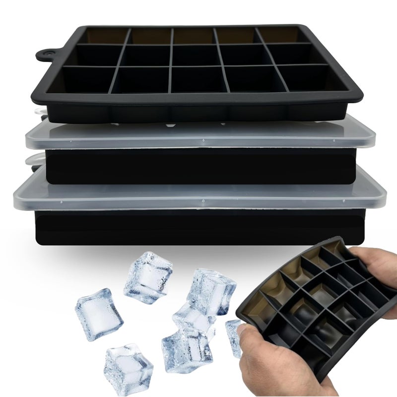 TIJAR Ice Cube Tray 3 Sets with Lids 15 Large Square Cubes Soft Silicone Ice Moulds Popup Ice Trays for Drinks and Desserts Easy Removal Black 3 Packs