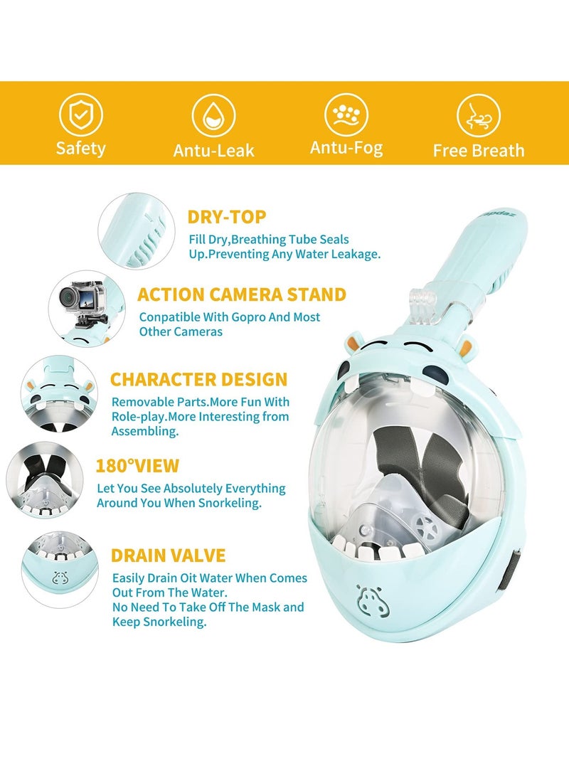 SYOSI Kids Snorkel Mask, with Latest Safety Dry Breathing System, Hippo Sharp Full Face Snorkel Mask for Kids, Anti-Fog Anti-Leak, 180¡ã HD View, Snorkel Set with Camera Mount, Snorkeling Gear for Kids - Image 4