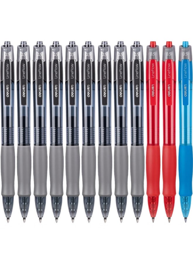 Deli Smooth S08 Retractable Office Gel Pen, 0.5Mm Bullet Tip, 12 Pens/Box, 9 Black 2 Red 1 Blue, 33698 - Image 2