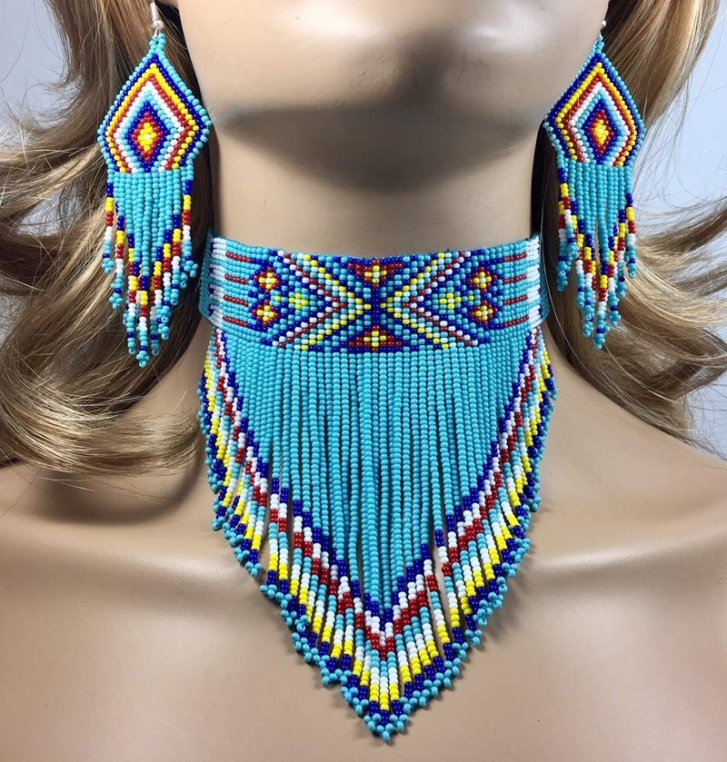 BeadsCorner Native Style Seed Beads Beaded Choker Bib Statement Necklace (Blue) - Image 3