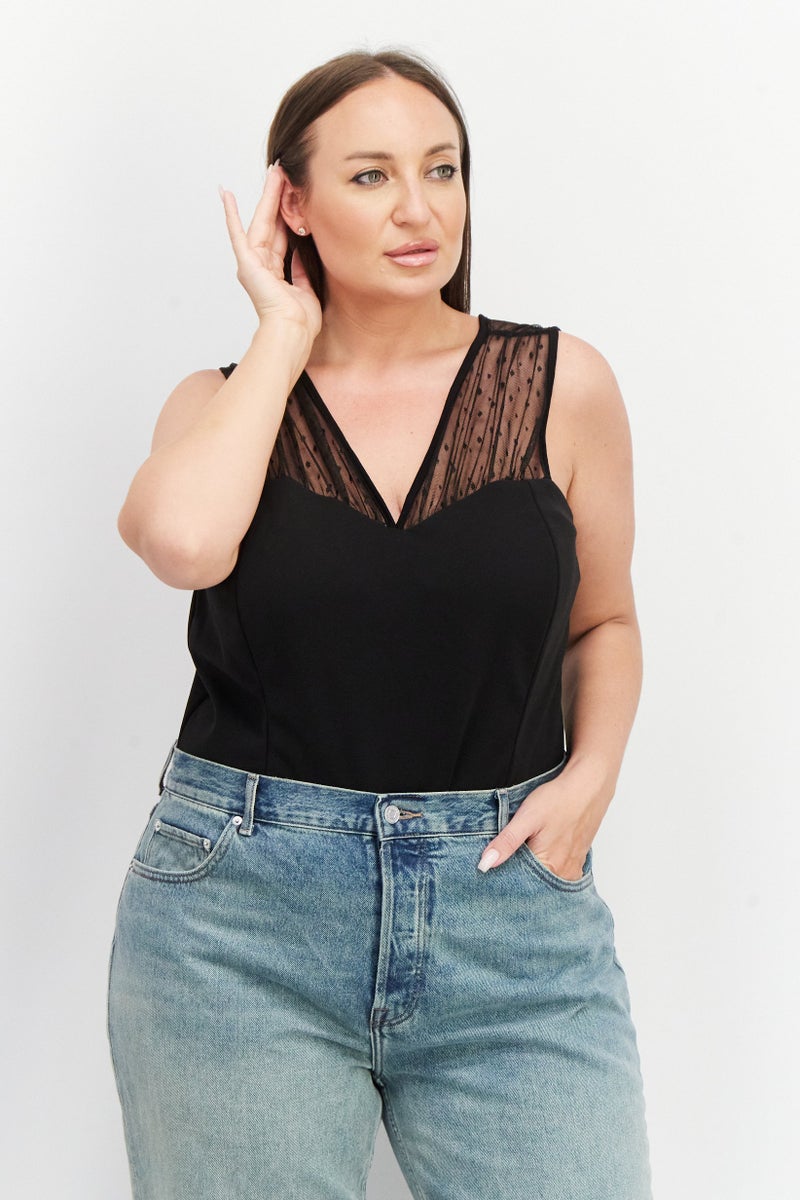 Yours Women Textured Sleeveless Bodysuit, Black  - Image 1