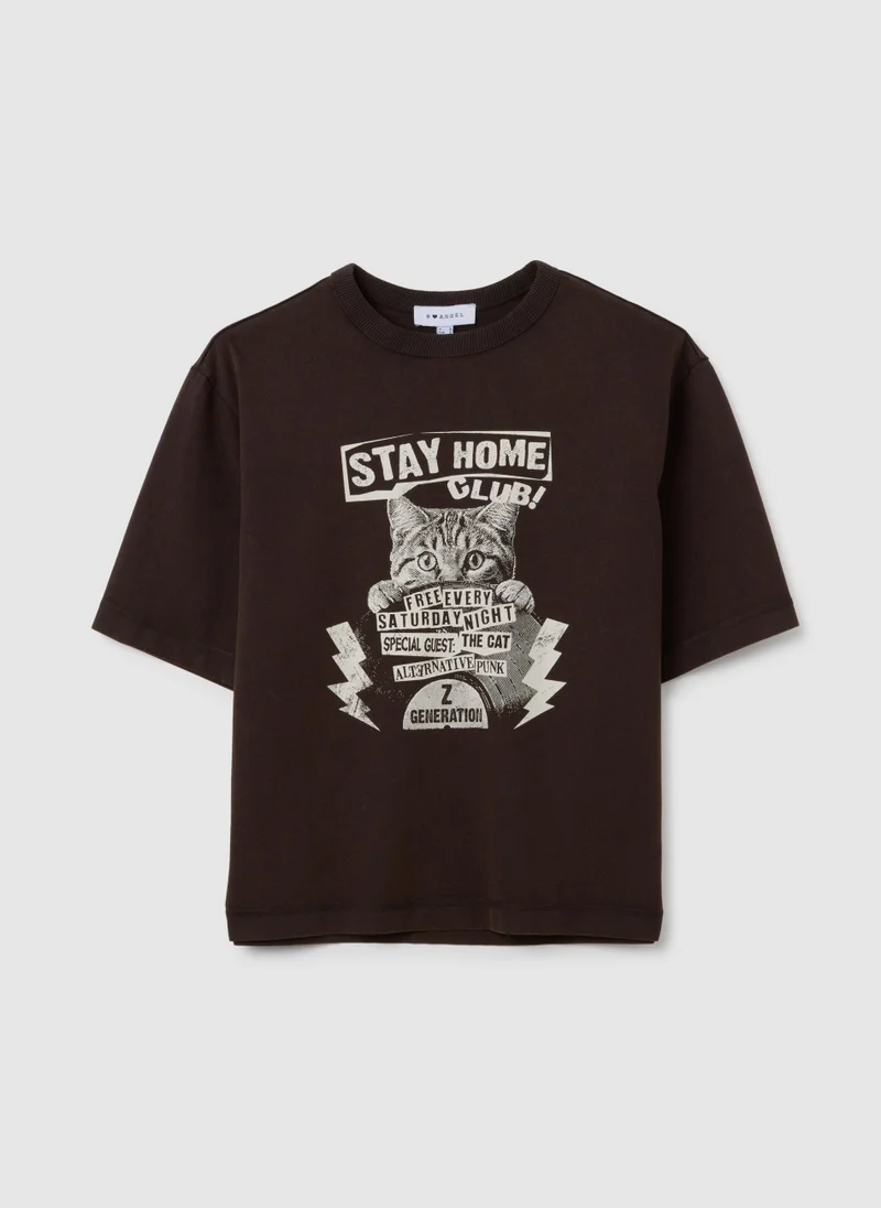 او في اس WOMEN'S BROWN PURE COTTON T-SHIRT