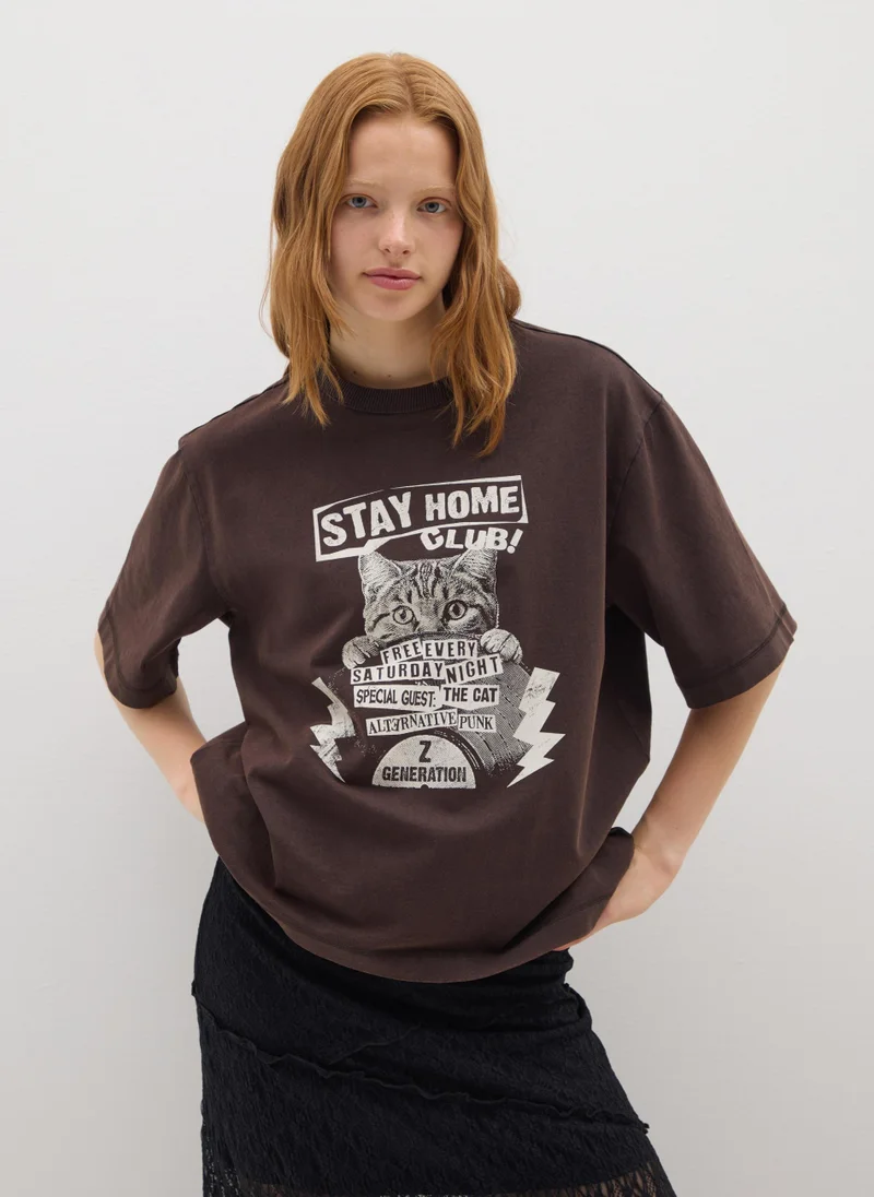 او في اس WOMEN'S BROWN PURE COTTON T-SHIRT