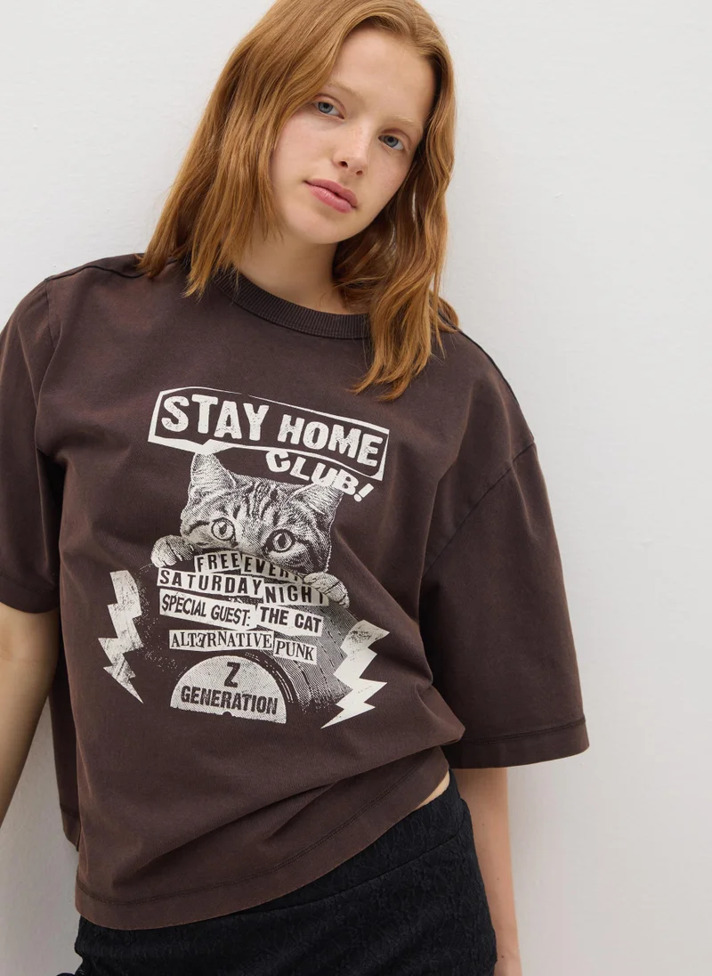 او في اس WOMEN'S BROWN PURE COTTON T-SHIRT