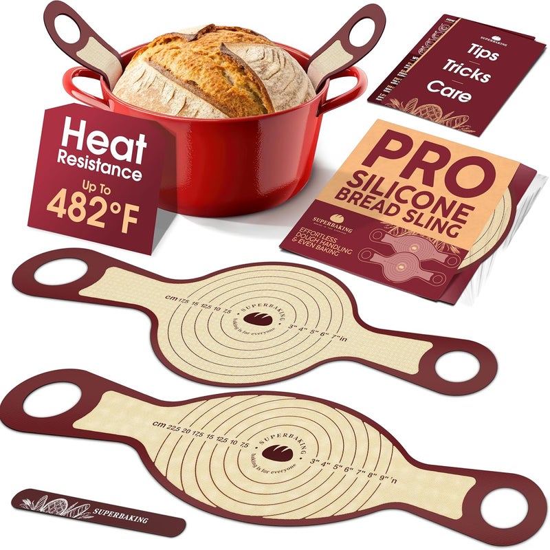 Superbaking Pro Silicone Bread Sling 2 Pcs - 9in Round & Oval 482F Heat Resistant Dough Lifter, Non-Stick Dutch Oven Liners, Long Handles, Reusable Sourdough Bread Baking Supplies, Sourdough Gifts - Image 1
