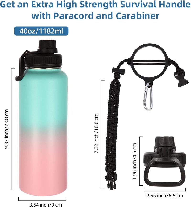 Volhoply Insulated Water Bottles Bulk 2 Pack, 40 oz Stainless Steel Sports Bottle with Paracord Handle & Spout Lid,Double Walled Vacuum Travel Water Cups with Wide Mouth Hiking(Green Pink,2 Set) - Image 3