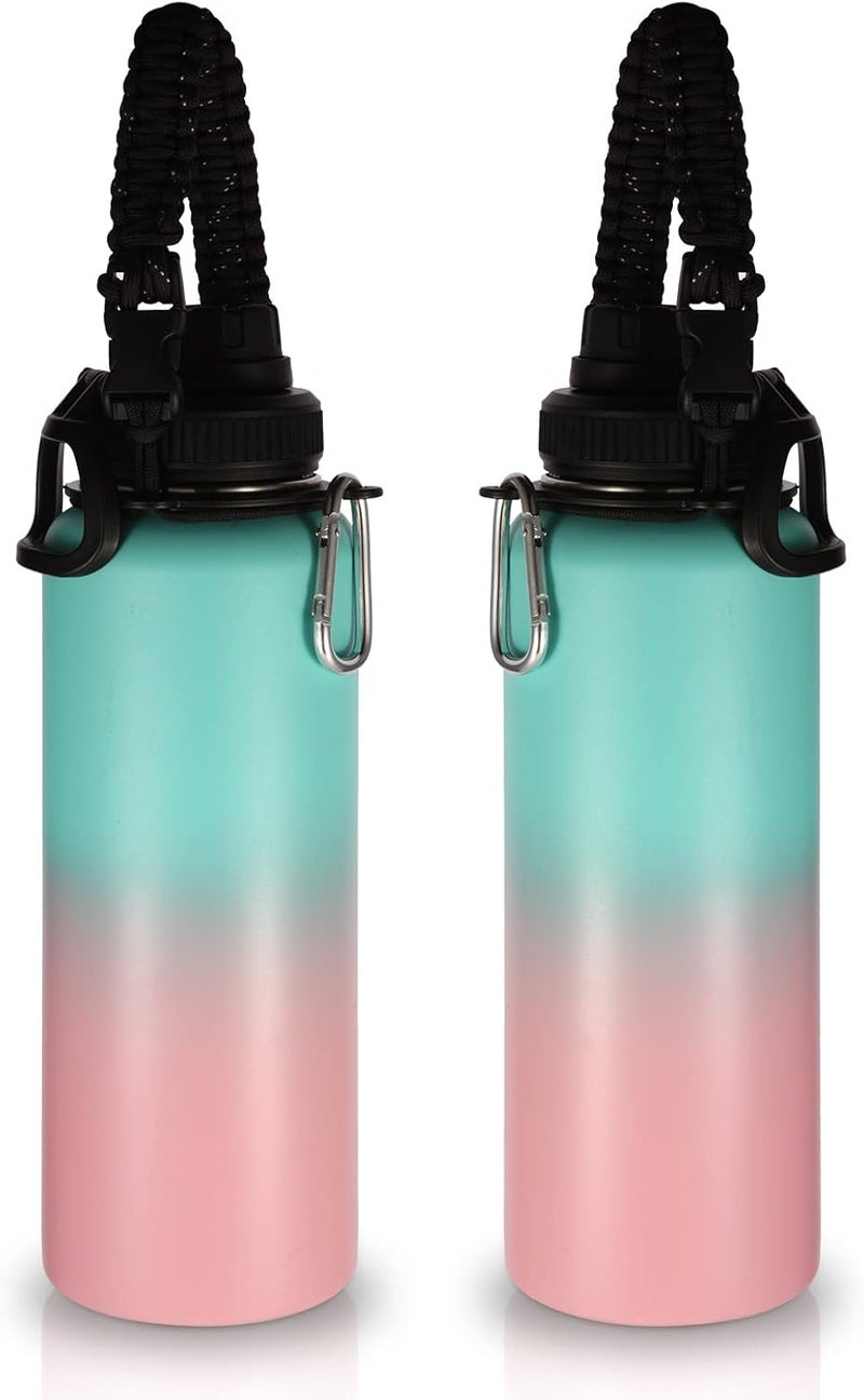 Volhoply Insulated Water Bottles Bulk 2 Pack, 40 oz Stainless Steel Sports Bottle with Paracord Handle & Spout Lid,Double Walled Vacuum Travel Water Cups with Wide Mouth Hiking(Green Pink,2 Set) - Image 1
