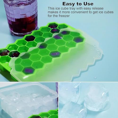 SGMVK Ice Cube Tray Silicone for Freezer Honeycomb 37 Cavity Ice Cube Mould Flexible Tray for Freezer, Chocolate Cake Maker, Ice Trays for Chilled Drinks, Reusable Multi Color (3, Honeycomb with LID) - Image 3