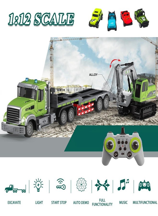 Fistone RC Semi-Trailer Truck & Excavator Toy Set, 1:12 Scale with Sound and Lights, 2.4Ghz Remote Control Flatbed Truck and Excavator Toys for Boys 6-12 Years Old - Image 2