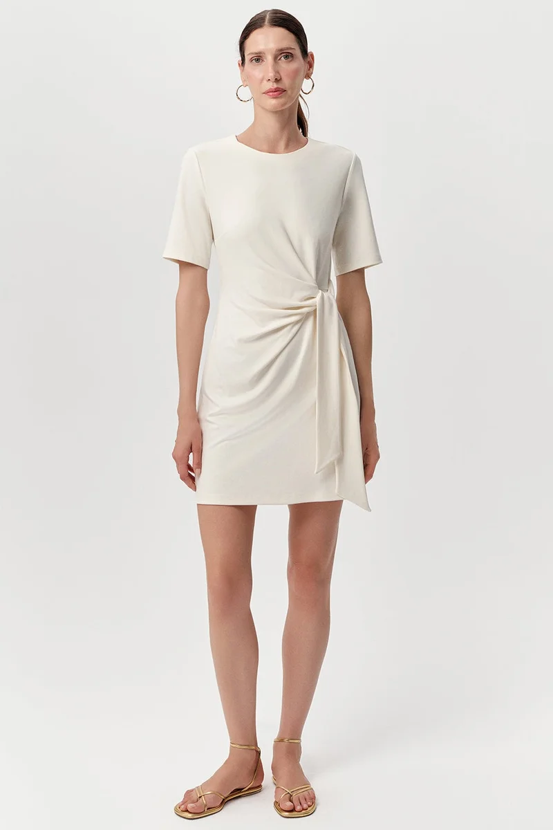 EXQUISE Crew Neck, Tie Waist Mini Regular Knitted Ecru Dress