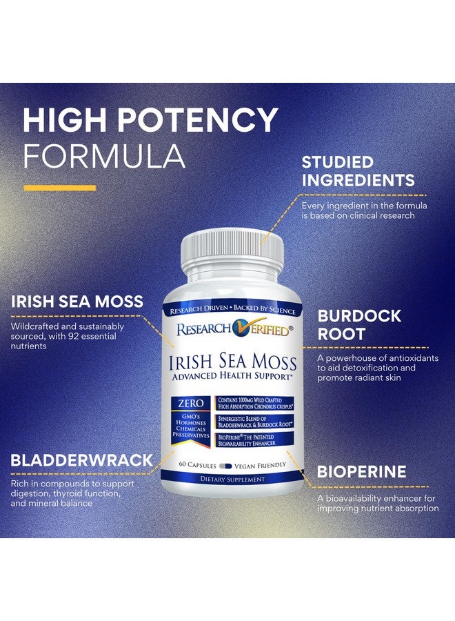Research Verified Irish Sea Moss - Bladderwrack, Burdock, BioPerine - Rich in Prebiotics - Boost Immunity, Aid Digestion - 60 Capsules - Vegan - Made in The USA - Image 2