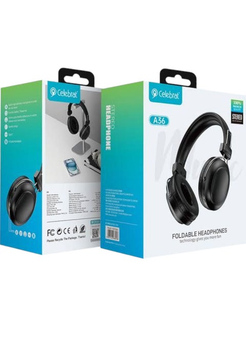 Celebrat A36 Panoramic Sound Effect Wireless Bluetooth Headphone with Deep Bass, AUX Input, TF Card ANC - Black