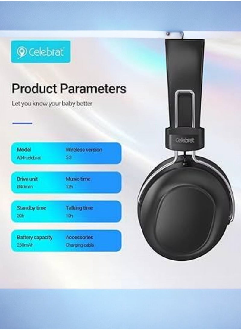 Celebrat A36 Panoramic Sound Effect Wireless Bluetooth Headphone with Deep Bass, AUX Input, TF Card ANC - Black