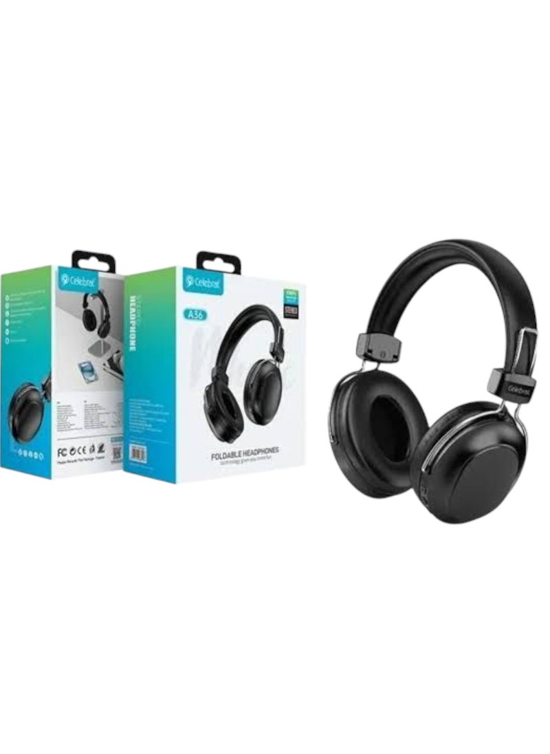 Celebrat A36 Panoramic Sound Effect Wireless Bluetooth Headphone with Deep Bass, AUX Input, TF Card ANC - Black
