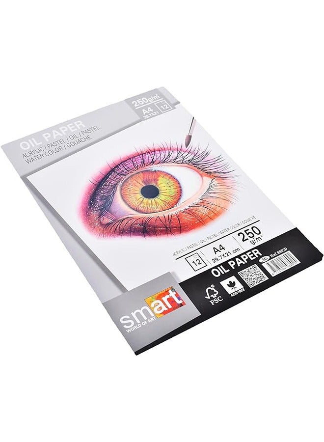Smart دفتر رسم A4 عالي الجودة من سمارت 88820، 12 ورقة بيضاء مقاس ورق زيت 21 × 29.7 سم 250 جم للرسم والفنون - متعدد الألوان - Image 1