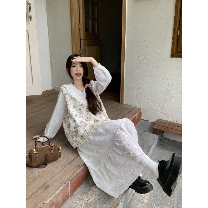 Floral Knit Vest Sweater  Lace Skirt Set White shirt  - Image 1