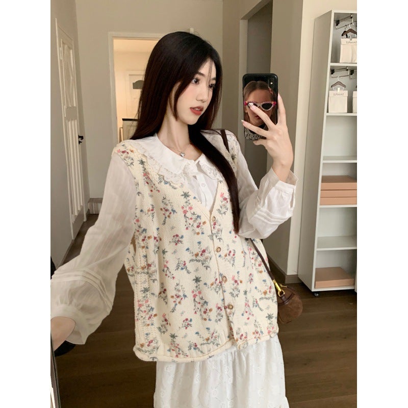 Floral Knit Vest Sweater  Lace Skirt Set White shirt  - Image 2