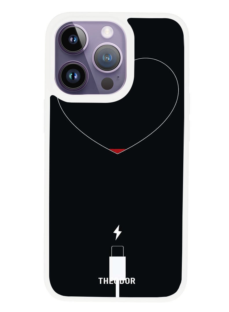 Theodor غطاء واقي مضاد للخدش ومقاوم للصدمات لجهاز APPLE IPHONE 14 PRO بطارية قلب منخفضة (حافة بيضاء) - Image 1