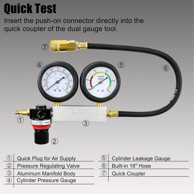 YSTOOL Cylinder Leak Down Tester Automotive Kit Gasoline Engine Compression Dual Gauge Leakdown Detector Tool Set for Pressure Check & Leakage Rate Test with Extension Rod Black - Image 2