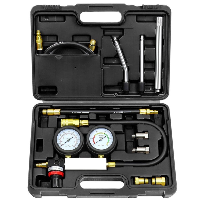 YSTOOL Cylinder Leak Down Tester Automotive Kit Gasoline Engine Compression Dual Gauge Leakdown Detector Tool Set for Pressure Check & Leakage Rate Test with Extension Rod Black - Image 1