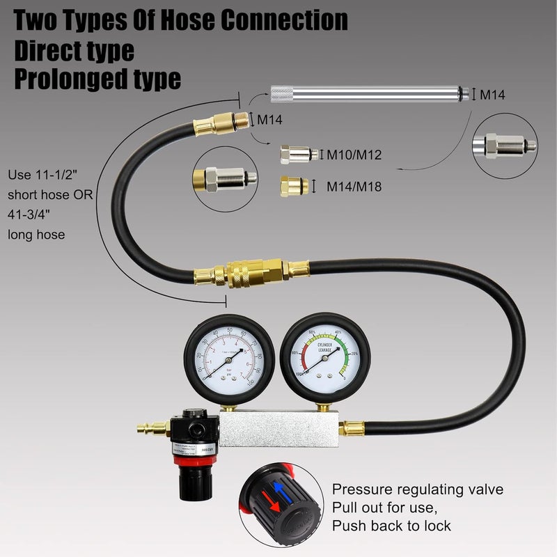 YSTOOL Cylinder Leak Down Tester Automotive Kit Gasoline Engine Compression Dual Gauge Leakdown Detector Tool Set for Pressure Check & Leakage Rate Test with Extension Rod Black - Image 3