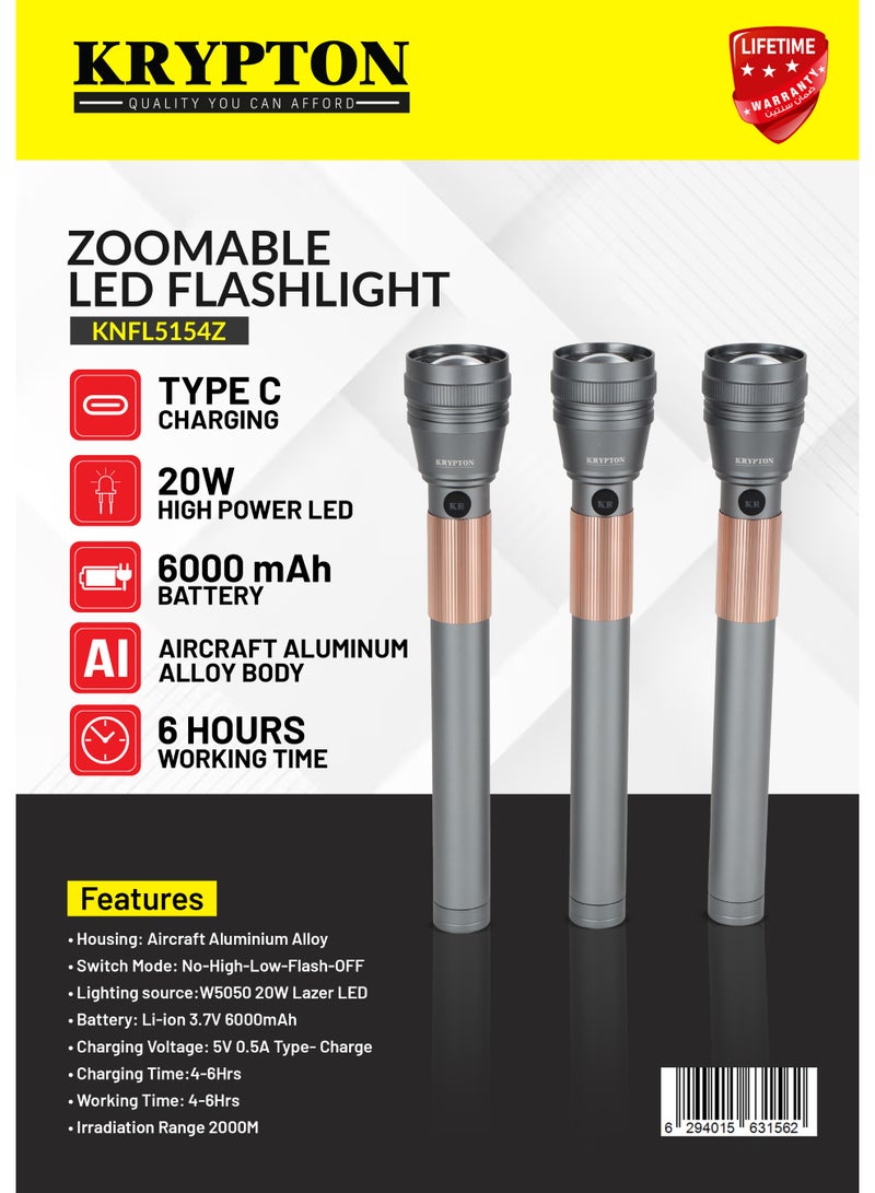 Krypton Zoomable LED Flashlight KNFL5154 – Pack of 3, 20W Laser LED, 2000m Range, Type-C Rechargeable, Aircraft Aluminum Body, Indoor & Outdoor Torch, Silver - Image 2